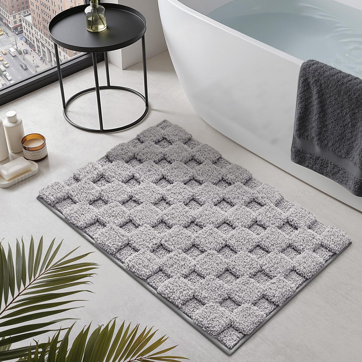 LUMI Non Slip Checkered Bathroom Rugs, Absorbent Waffle Mat, Beige, 16x24