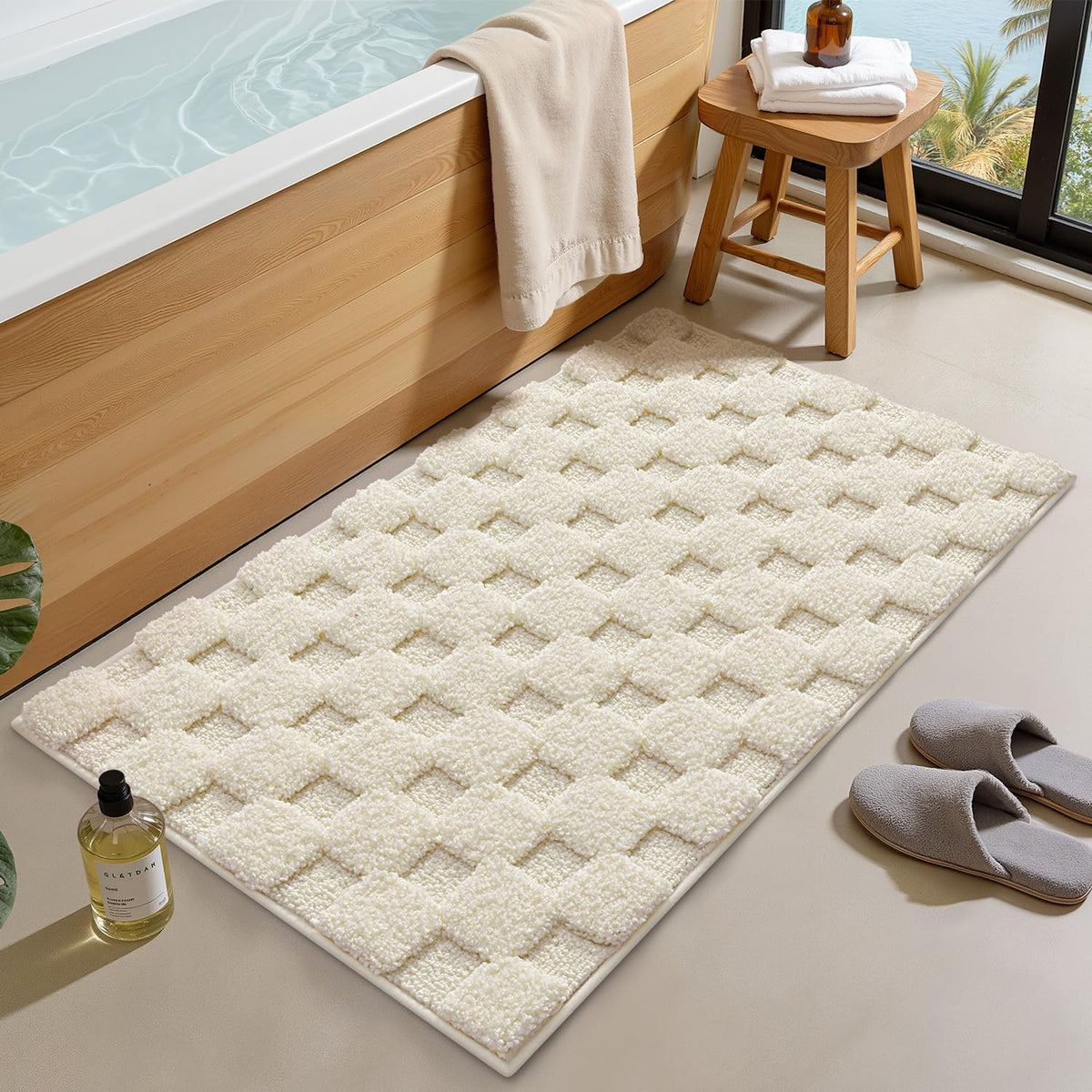 LUMI Non Slip Checkered Bathroom Rugs, Absorbent Waffle Mat, Beige, 16x24