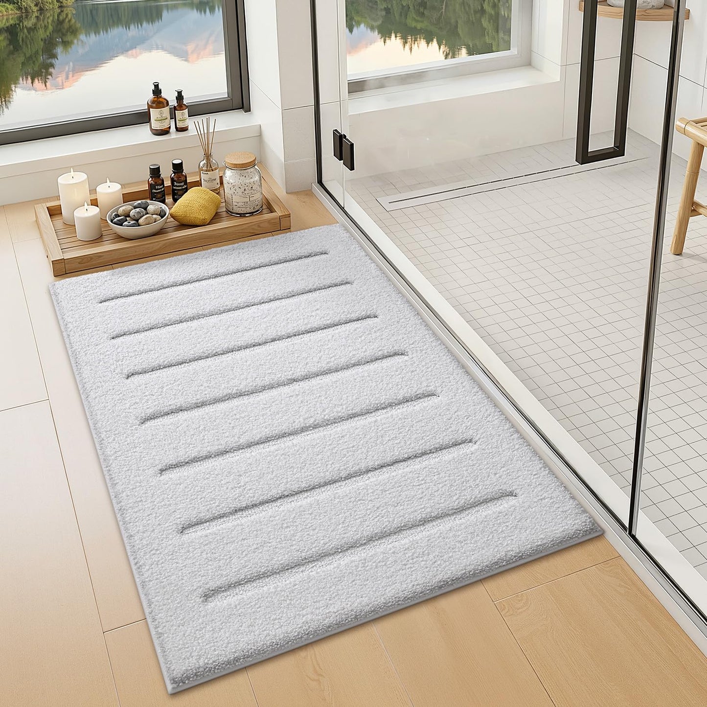 LUMI Non-Slip Skin-Friendly Bathroom Rugs, Hotel Quality Bath Mats for Bathroom, Washable Fluffy Shower Mat, Minimalist Luxury Striped Style,Ideal for Floor, Shower Tub, Entryway, 17"x30", Beige