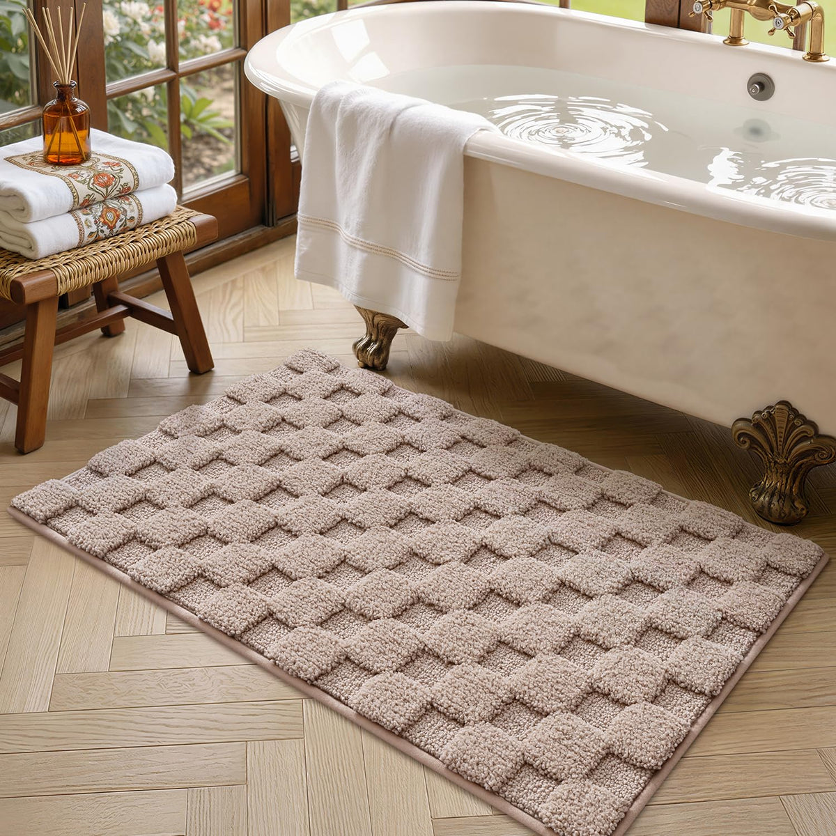 LUMI Non Slip Checkered Bathroom Rugs, Absorbent Waffle Mat, Beige, 16x24