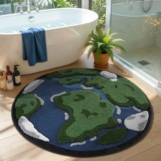 LUMI Round High Pile Earth Globe Bathroom Rug