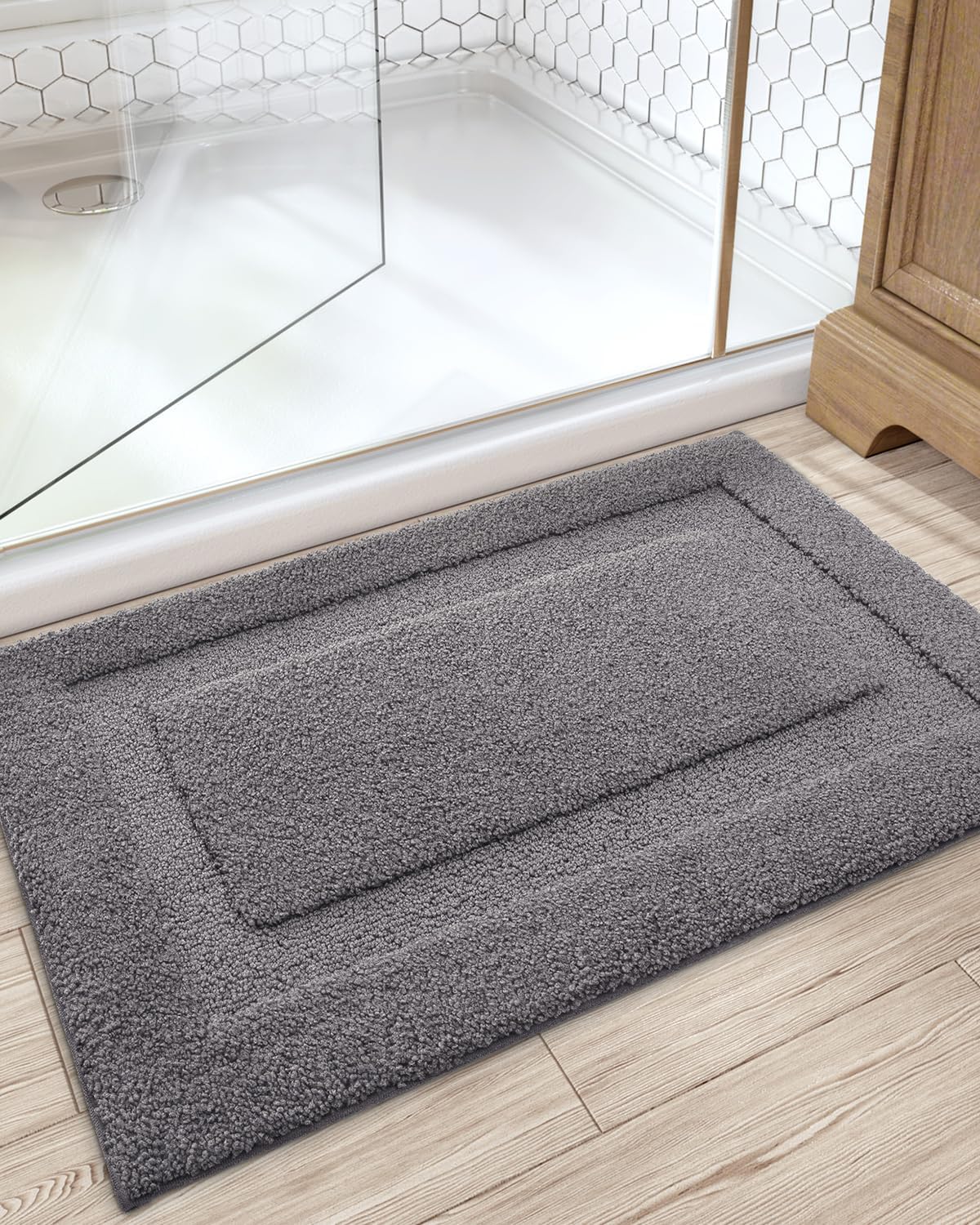 LUMI Ultra Soft Bathroom Rug, Non Slip Rubber Backing, Absorbent Washable Quick Dry, Premium Microfiber Plush, Dark Grey, for Bathtub/Shower Floor