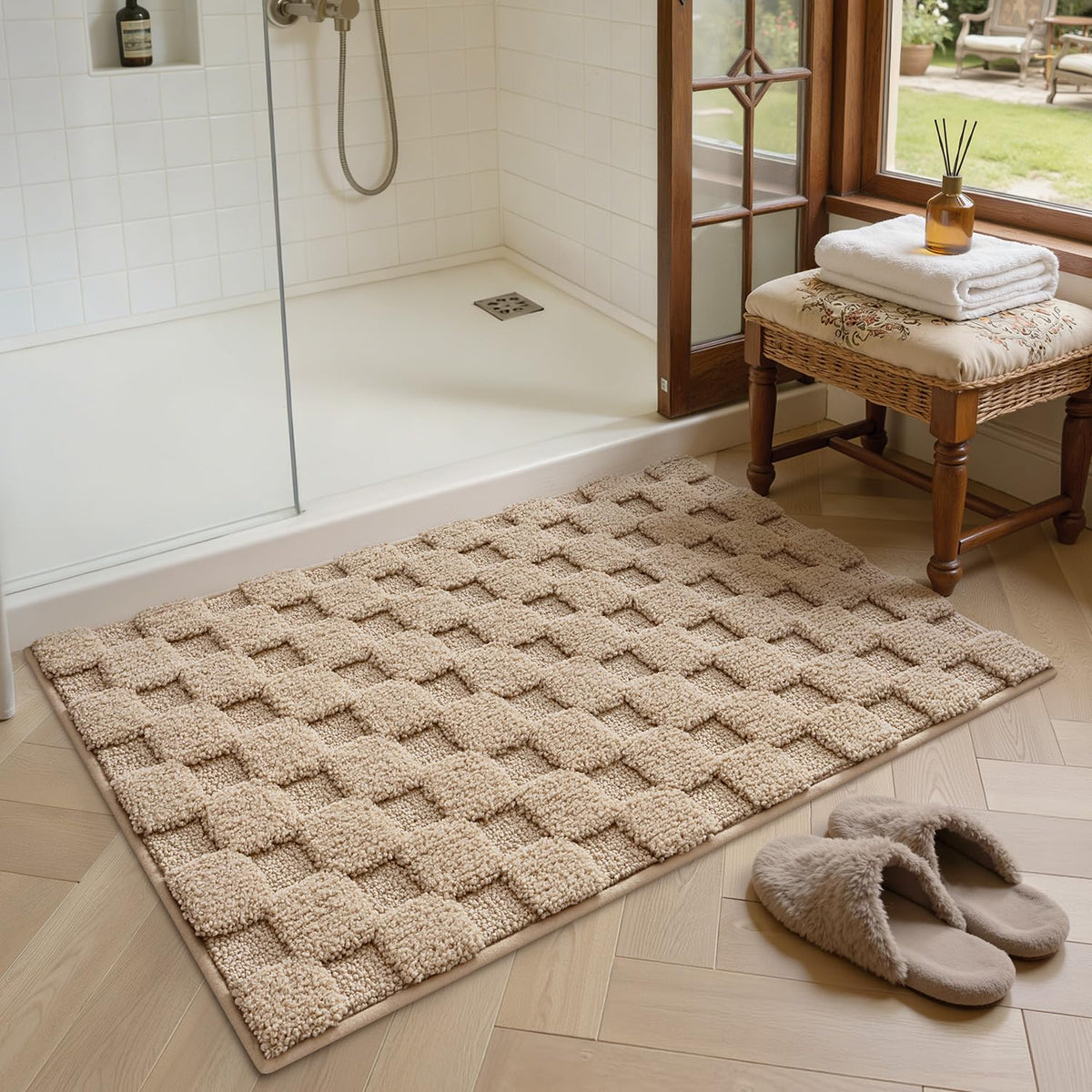LUMI Non Slip Checkered Bathroom Rugs, Absorbent Waffle Mat, Beige, 16x24