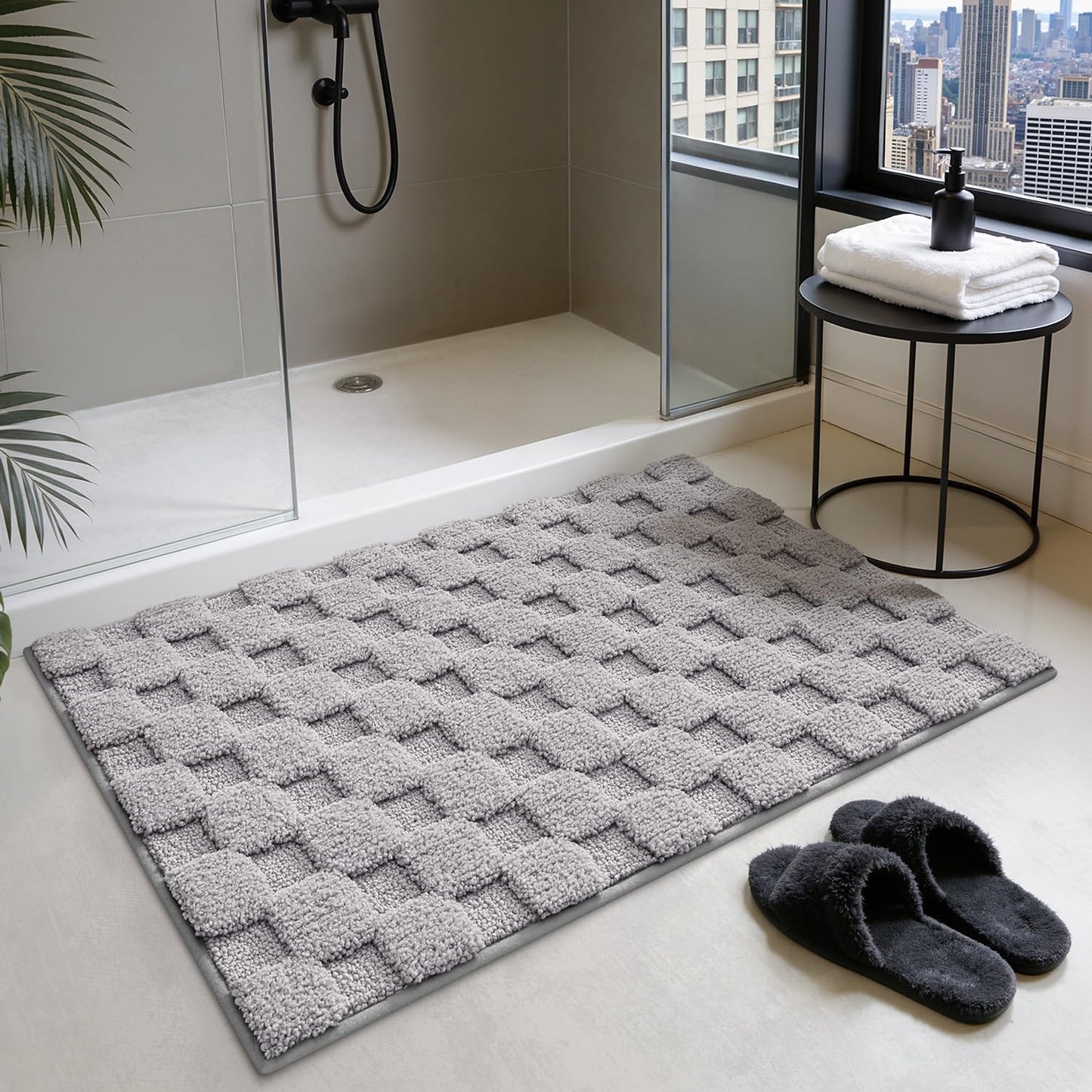 LUMI Non Slip Checkered Bathroom Rugs, Absorbent Waffle Mat, Beige, 16x24