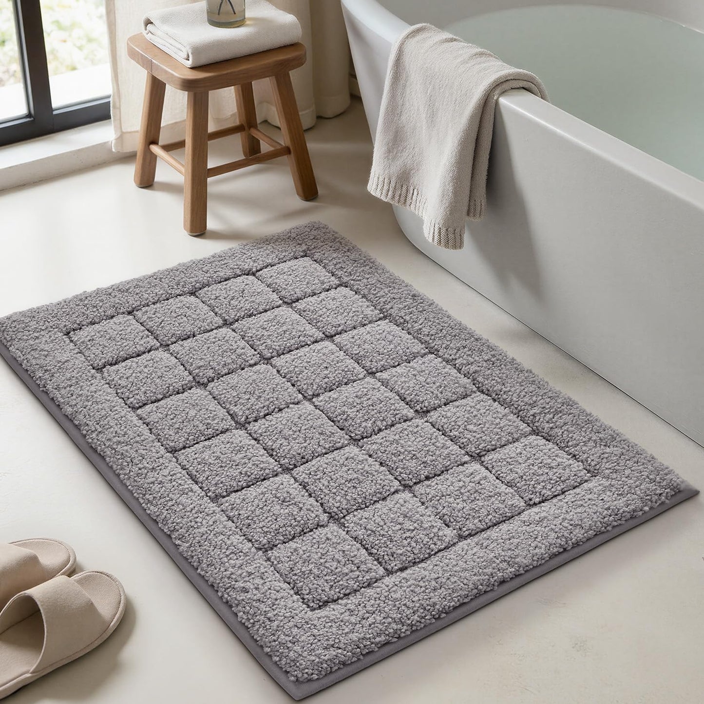 LUMI Modern Bathroom Rug, Serene Grid Series.