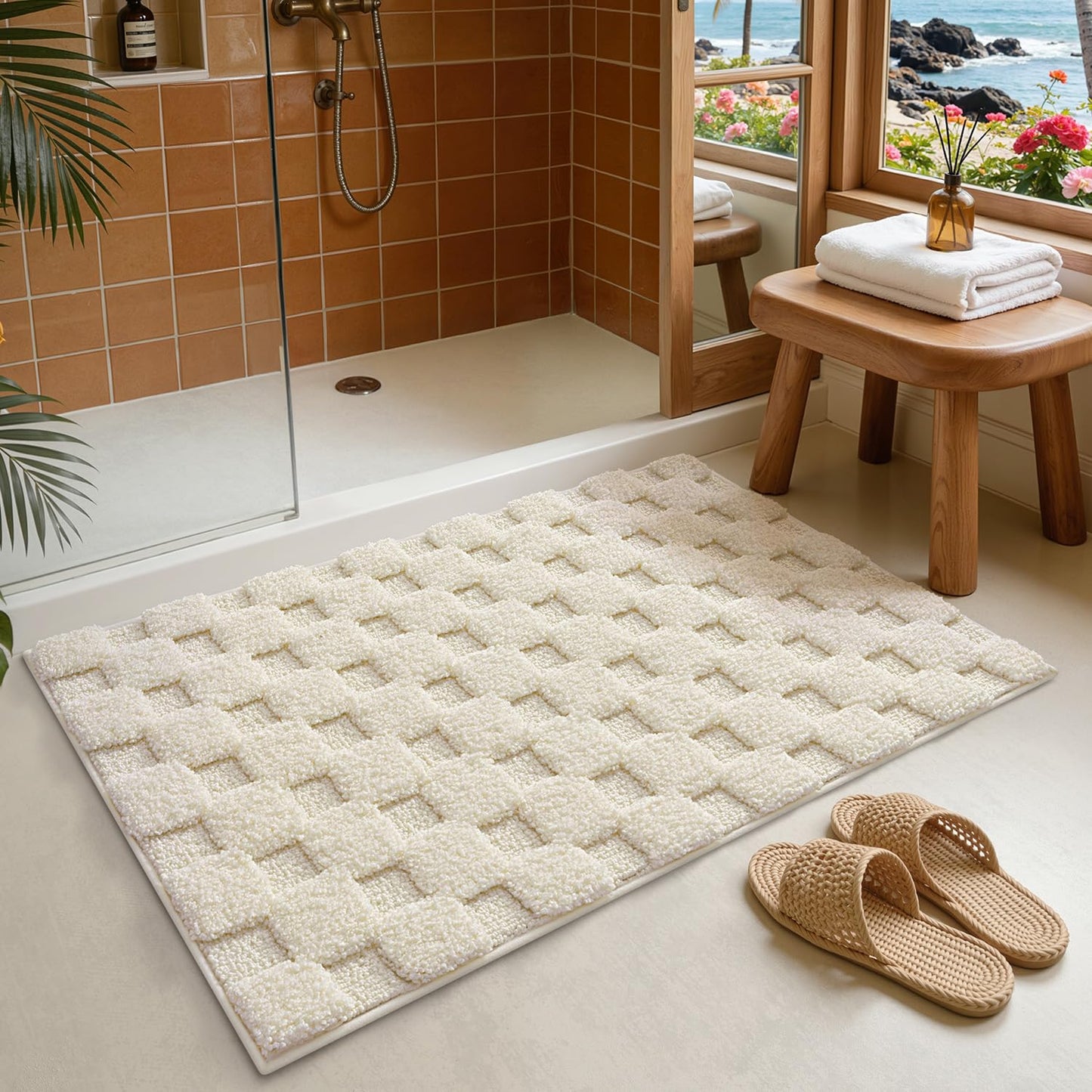 LUMI Non Slip Checkered Bathroom Rugs, Absorbent Waffle Mat, Beige, 16x24