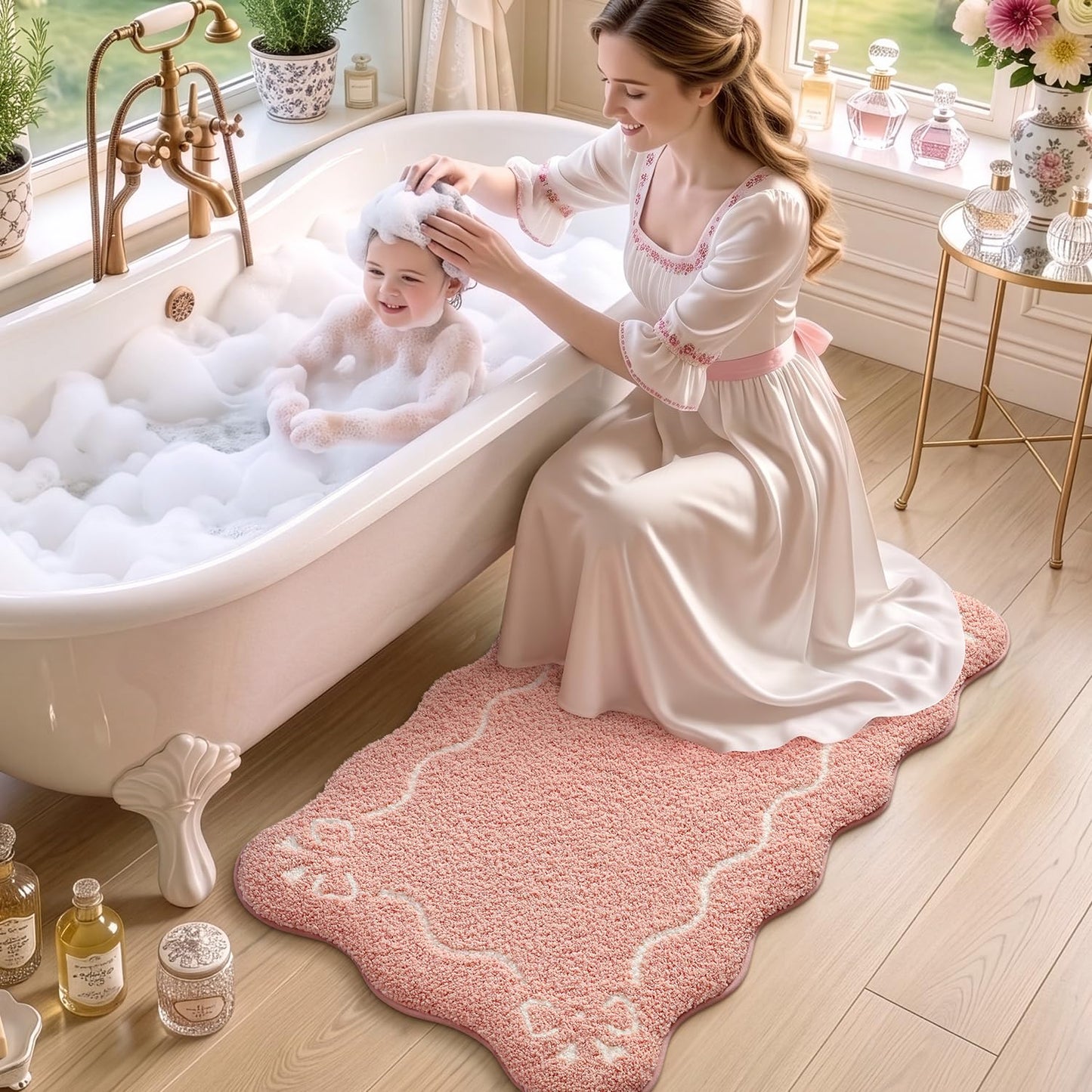 LUMI Scalloped Bathroom Rug, Cute Plush Microfiber Bath Mat, Super Absorbent & Quick Dry Shower Mat, Machine Washable Floor Carpet for Tub