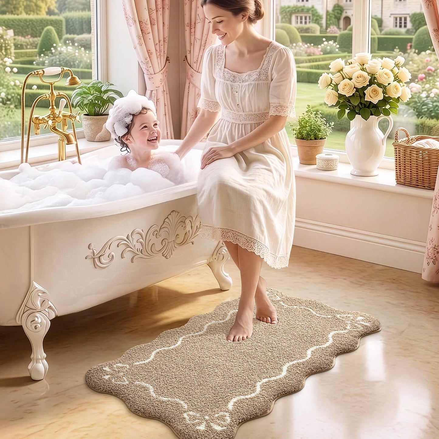 LUMI Scalloped Bathroom Rug, Cute Plush Microfiber Bath Mat, Super Absorbent & Quick Dry Shower Mat, Machine Washable Floor Carpet for Tub