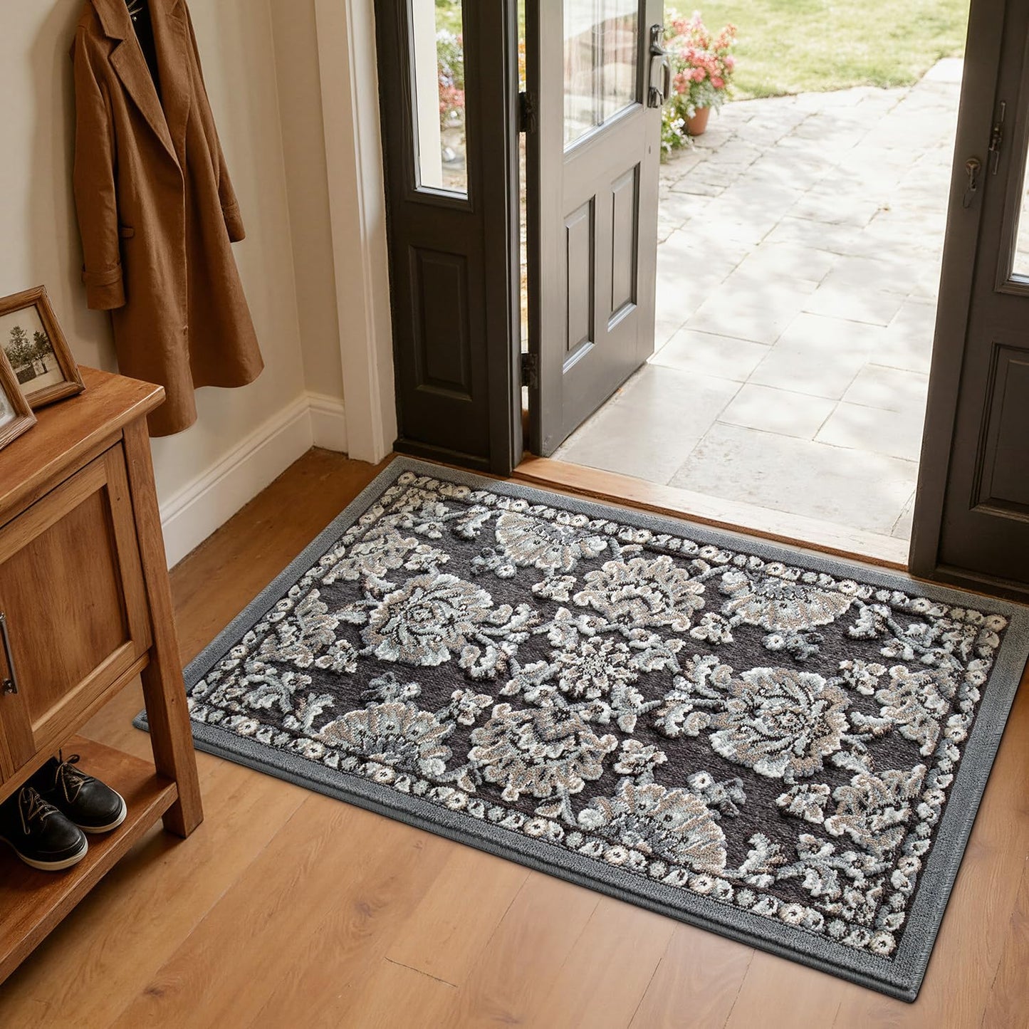 LUMI Indoor Door Mat for Entrance 17x30, Luxury Front Doormat with Non-Slip Latex Rubber Backing, Soft Washable Dirt Trapper, Flower Bliss (Folded Package)