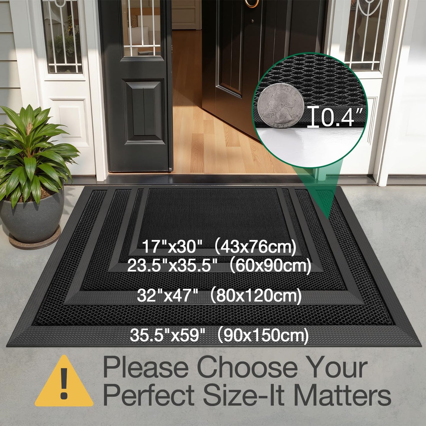 LUMI Front Door Mat for Outside Entrance 17''x30'', Heavy-Duty Dirt-Trapping Doormat with Durable Non-Slip Rubber Backing, Stain & Fade-Resistant Entry Mats, Black
