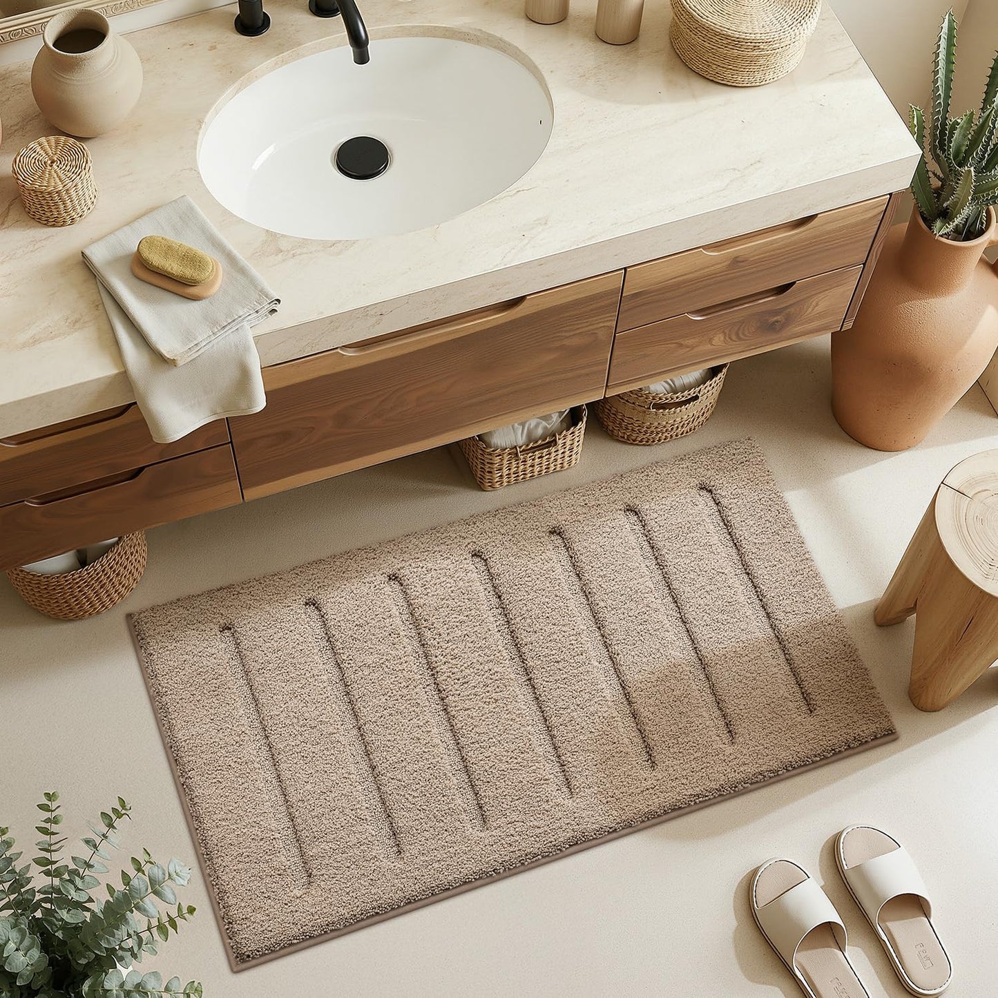 LUMI Non-Slip Skin-Friendly Bathroom Rugs, Hotel Quality Bath Mats for Bathroom, Washable Fluffy Shower Mat, Minimalist Luxury Striped Style,Ideal for Floor, Shower Tub, Entryway, 17"x30", Beige