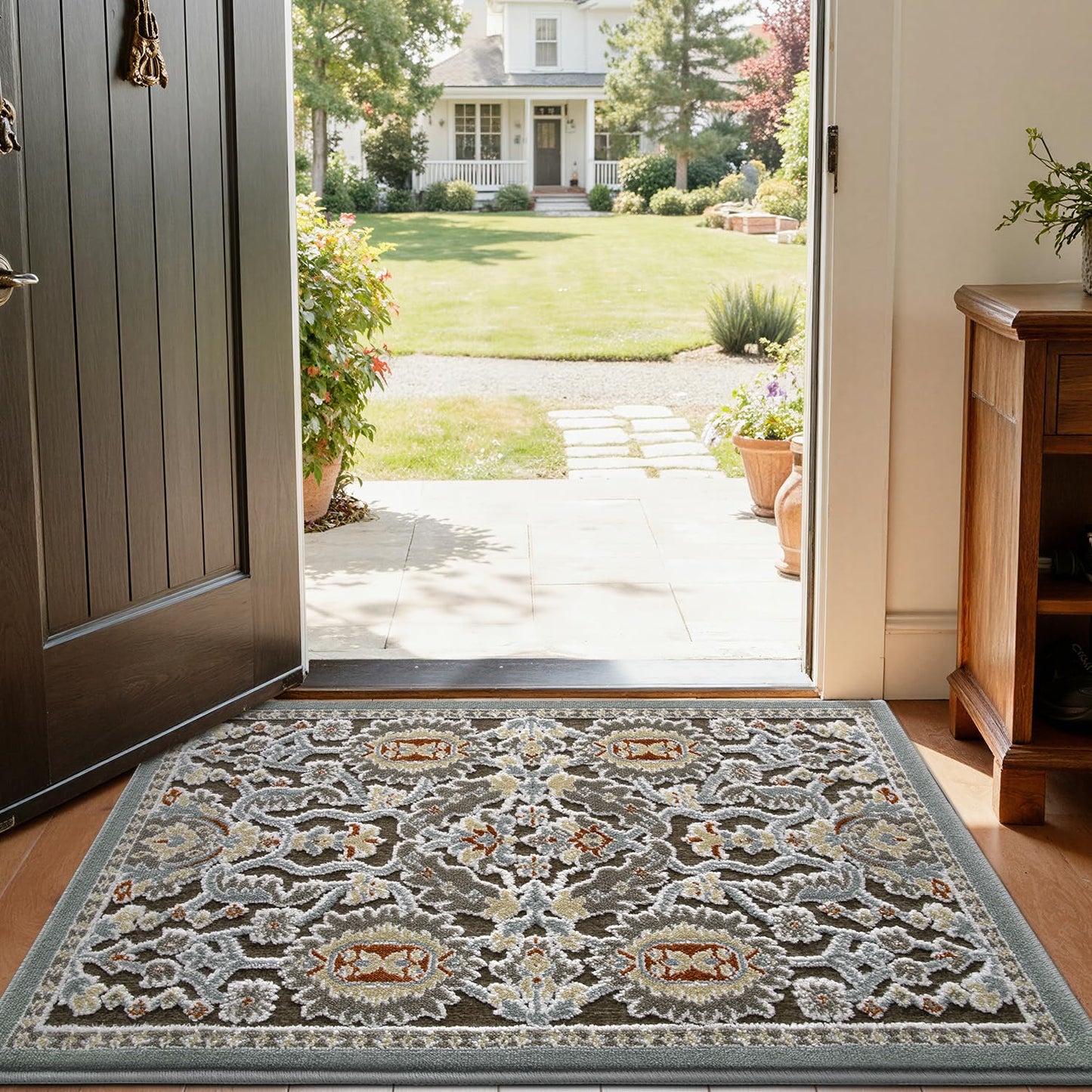 LUMI Indoor Door Mat for Entrance 17x30, Luxury Front Doormat with Non-Slip Latex Rubber Backing, Soft Washable Dirt Trapper, Flower Bliss (Folded Package)