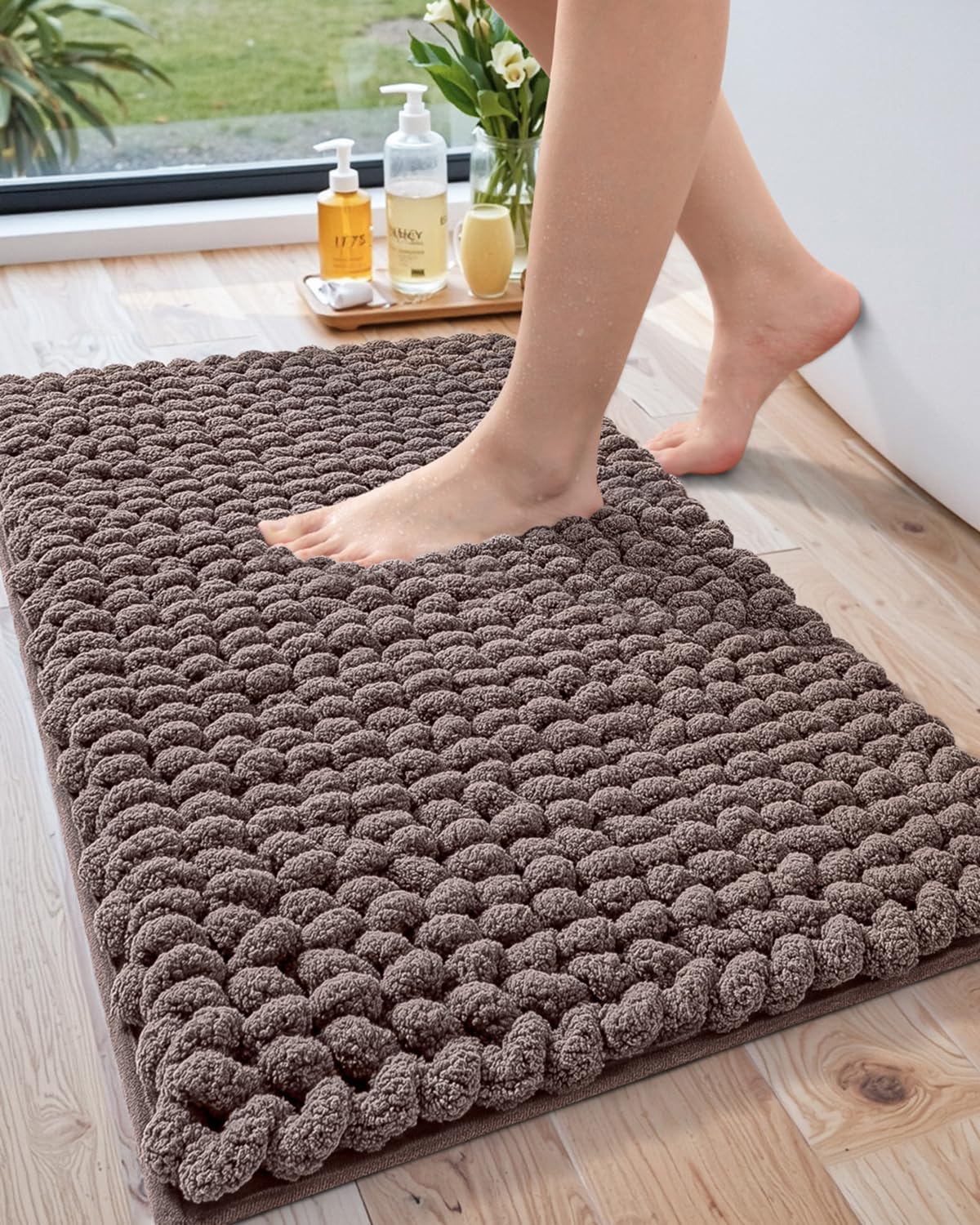 LUMI Luxury Bathroom Rug, Ultra Soft Quick Dry, Non-Slip Absorbent Thick Chenille, Cozy Braid Design, Brown, for Bathtub/Sink/Laundry/Bedroom