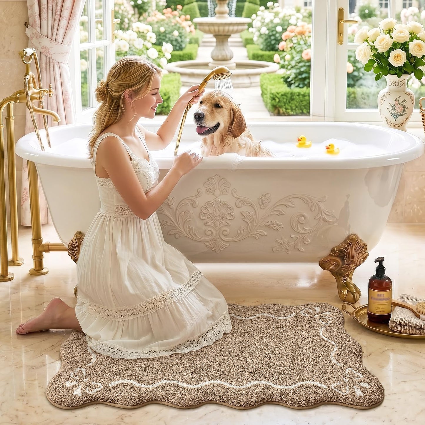 LUMI Scalloped Bathroom Rug, Cute Plush Microfiber Bath Mat, Super Absorbent & Quick Dry Shower Mat, Machine Washable Floor Carpet for Tub