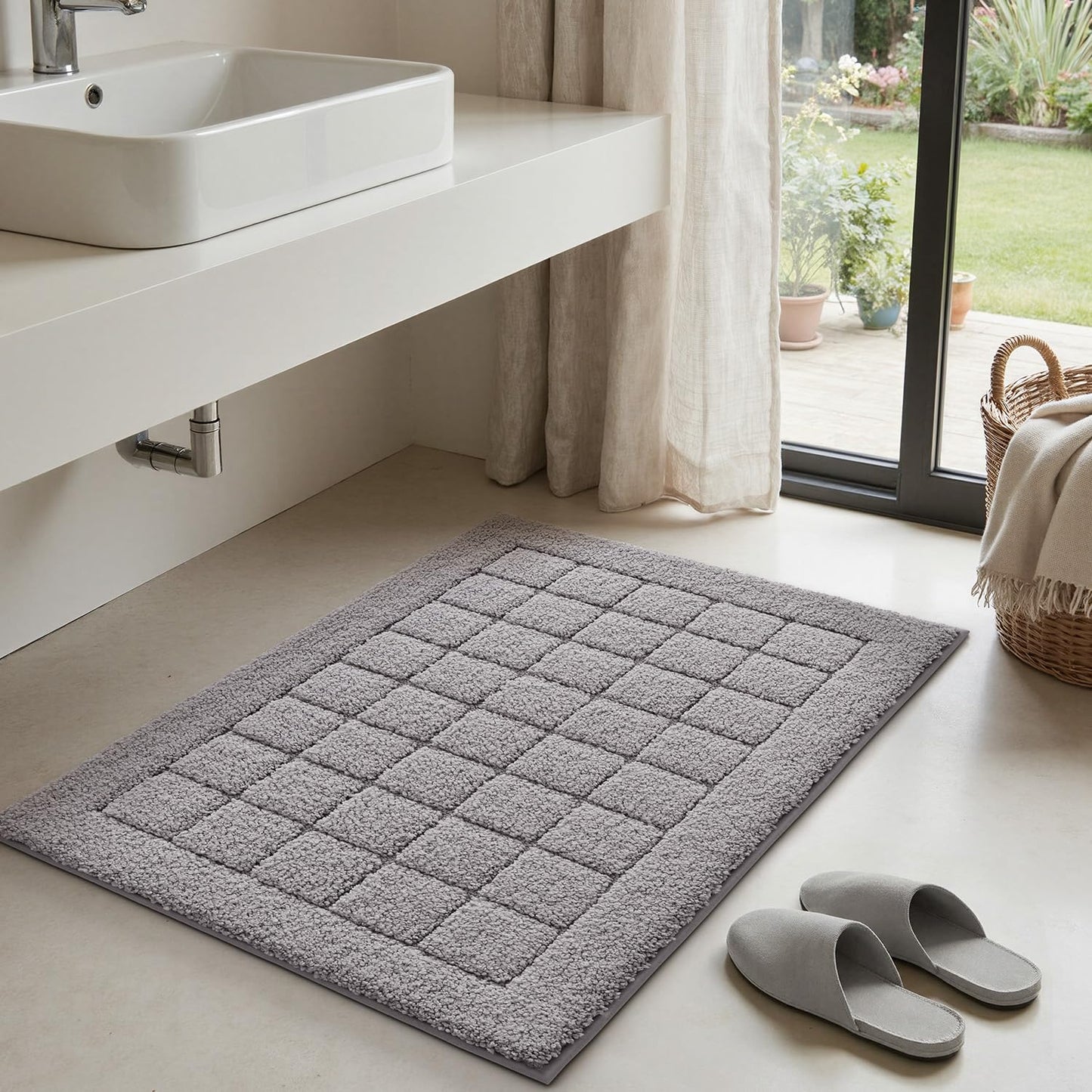 LUMI Modern Bathroom Rug, Serene Grid Series.