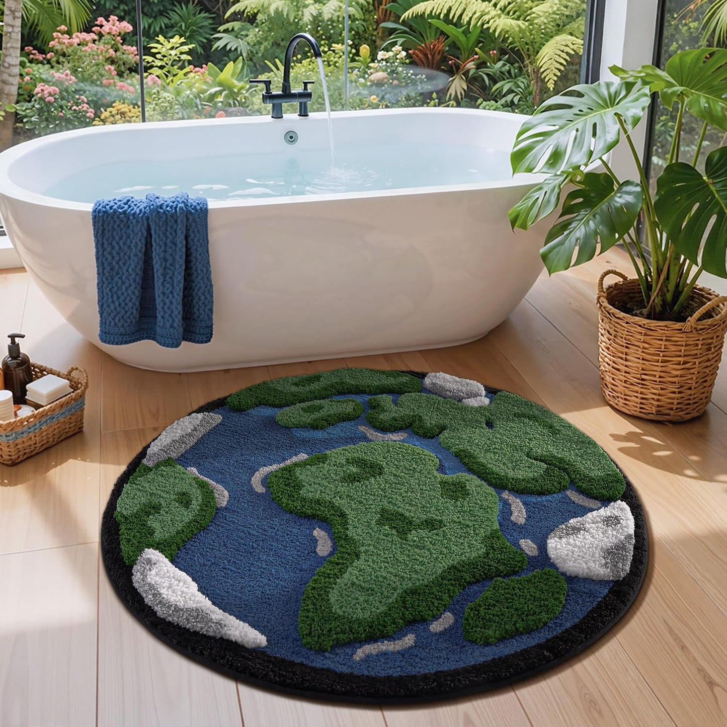 LUMI Round High Pile Earth Globe Bathroom Rug