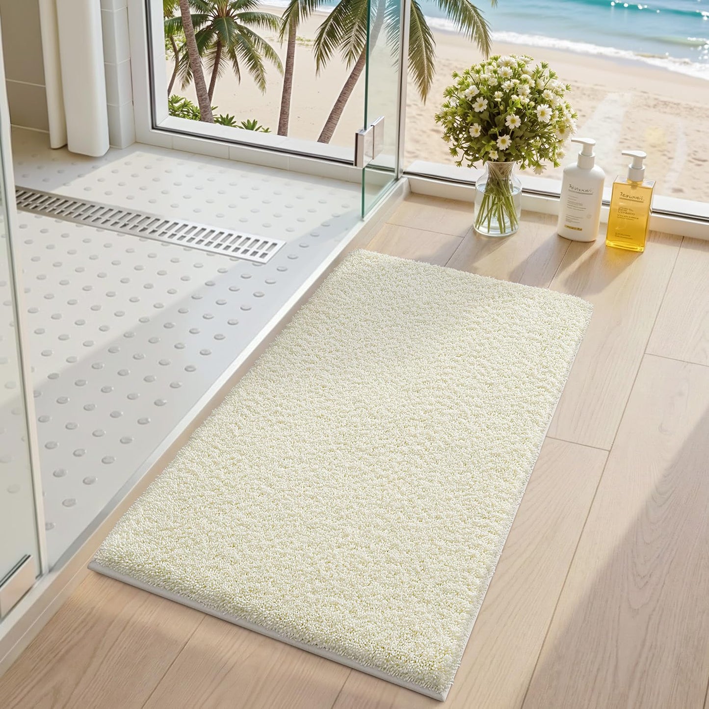 LUMI Beige Bathroom Rugs with Rubber Backing, 16x24 Absorbent Extra Thick Soft Plush Microfiber Bath Mat, Machine Washable Carpet for Bathroom Shower, Tub, Sink, Hotel