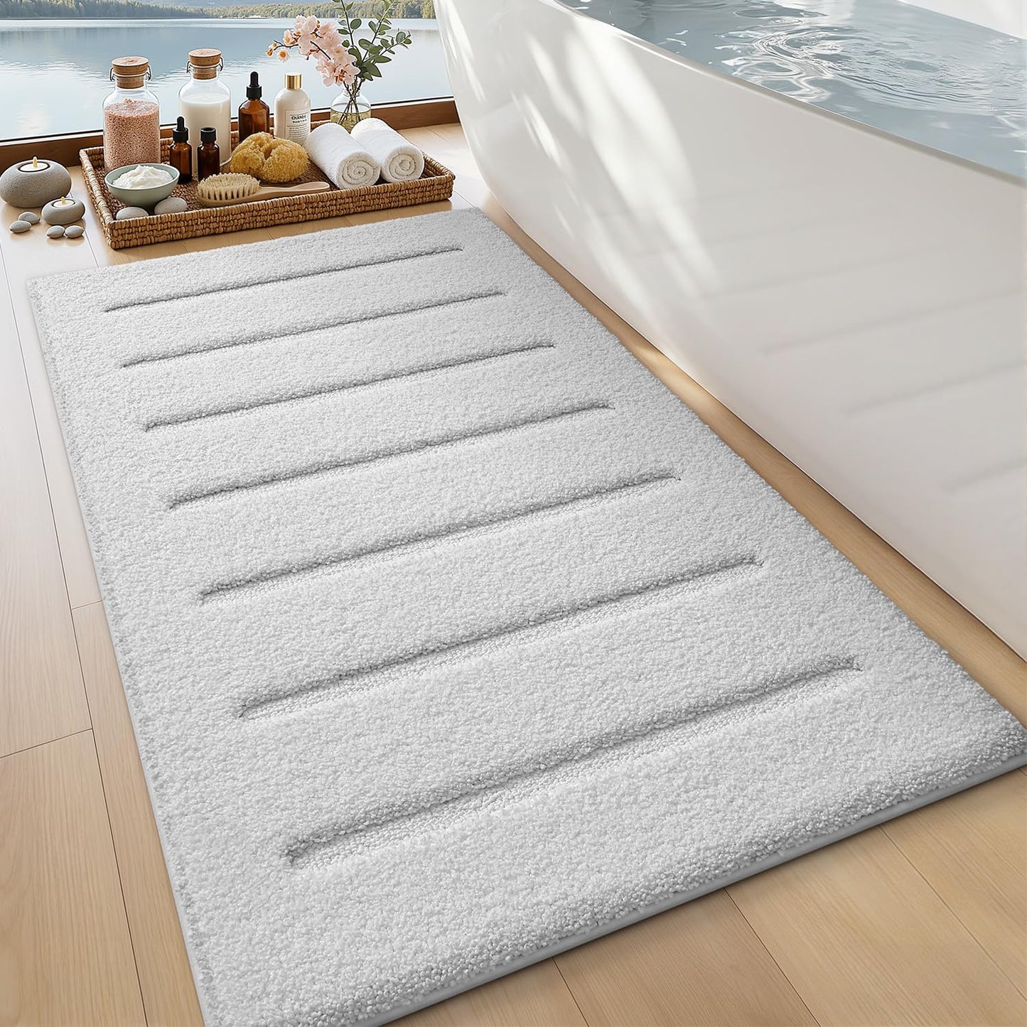 LUMI Non-Slip Skin-Friendly Bathroom Rugs, Hotel Quality Bath Mats for Bathroom, Washable Fluffy Shower Mat, Minimalist Luxury Striped Style,Ideal for Floor, Shower Tub, Entryway, 17"x30", Beige