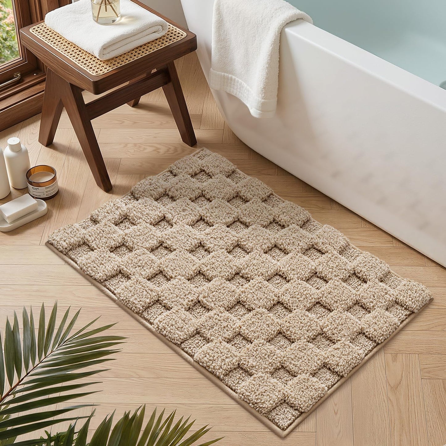 LUMI Non Slip Checkered Bathroom Rugs, Absorbent Waffle Mat, Beige, 16x24