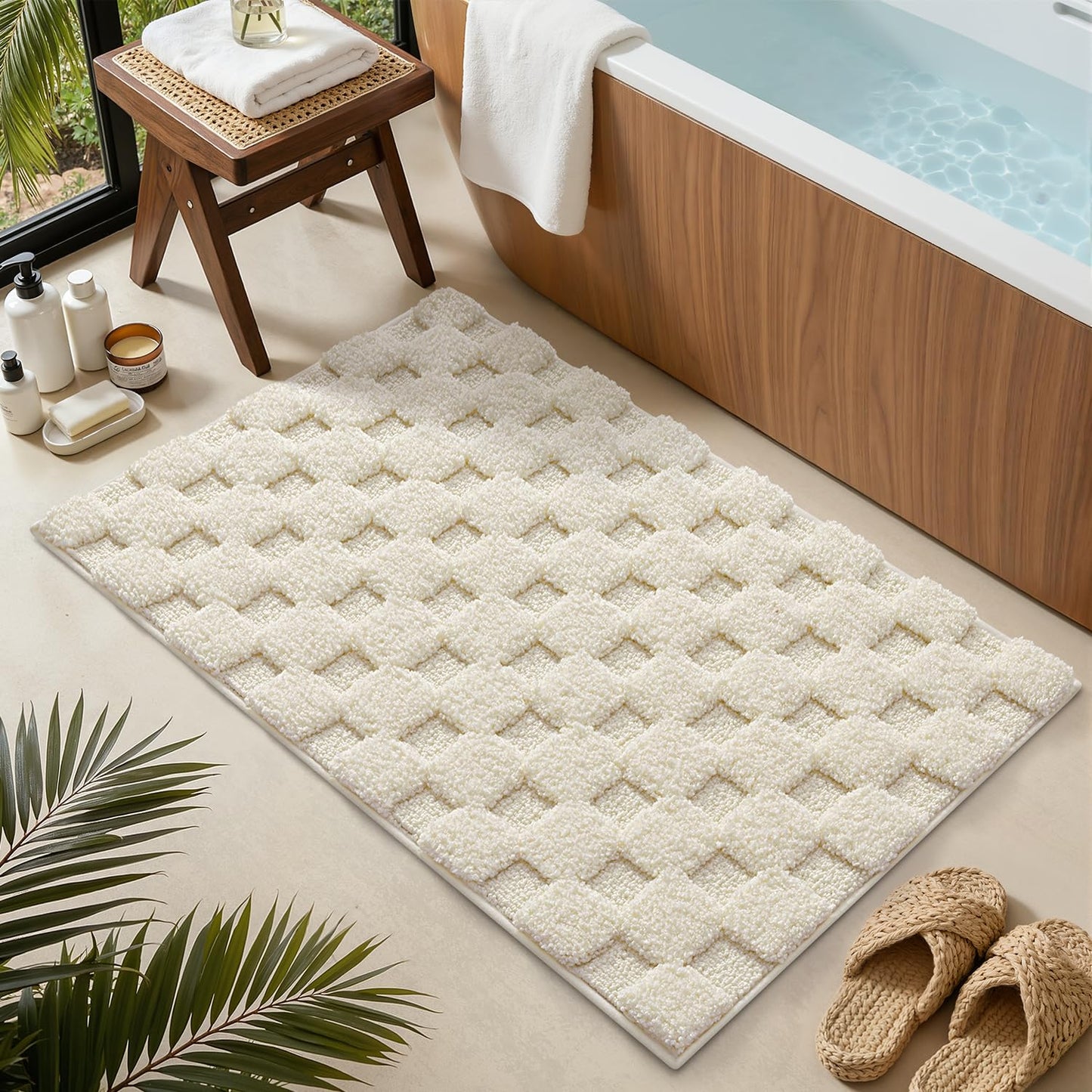 LUMI Non Slip Checkered Bathroom Rugs, Absorbent Waffle Mat, Beige, 16x24