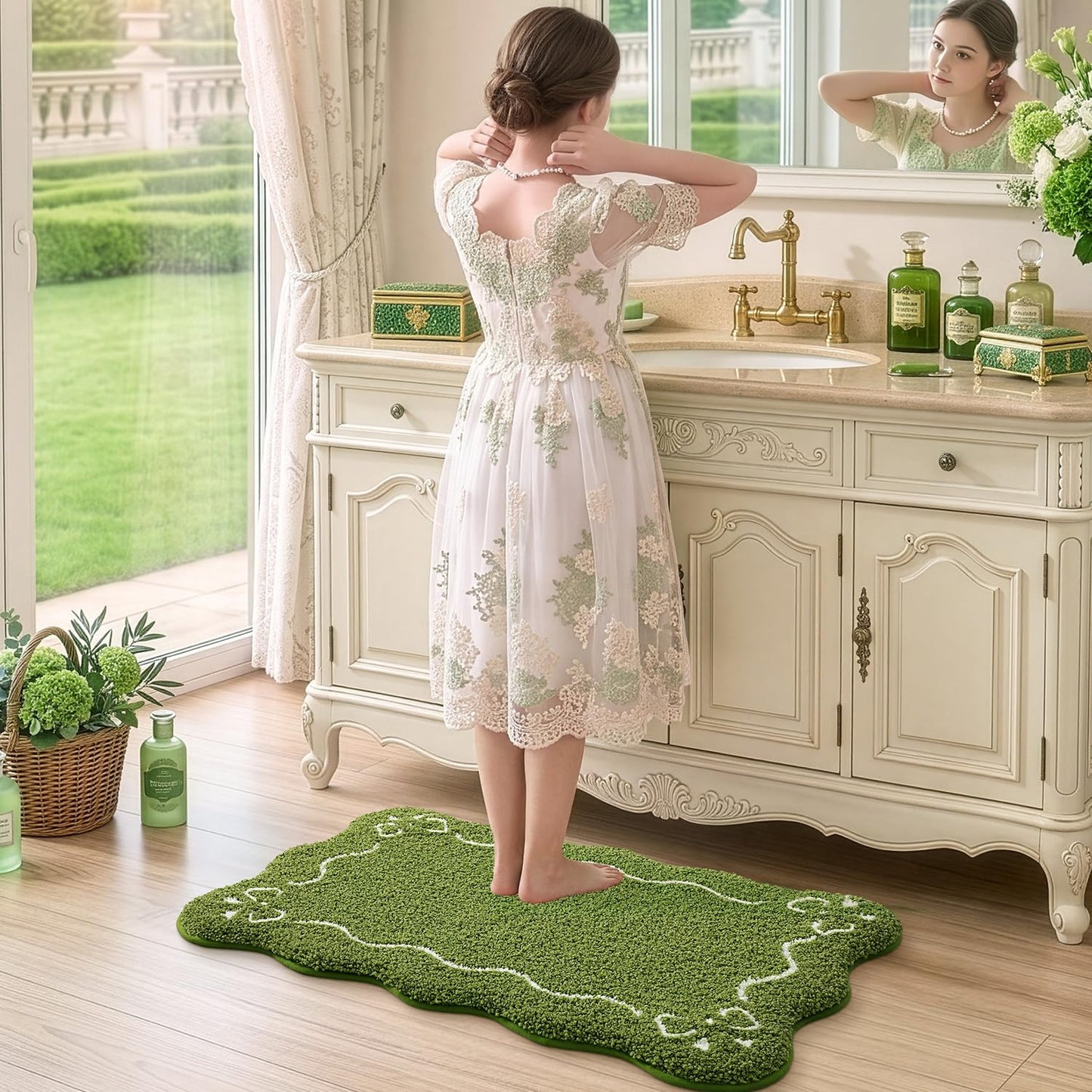 LUMI Scalloped Bathroom Rug, Cute Plush Microfiber Bath Mat, Super Absorbent & Quick Dry Shower Mat, Machine Washable Floor Carpet for Tub