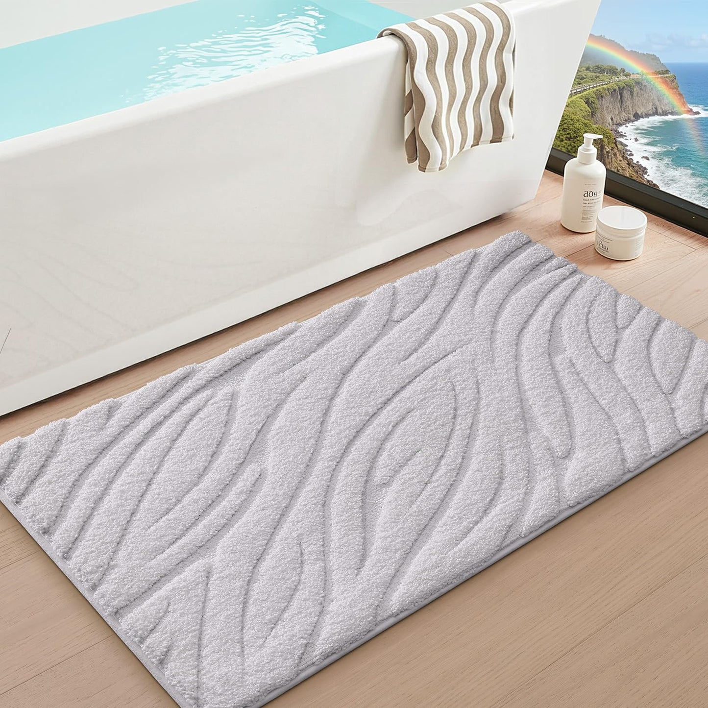 LUMI Bathroom Rug, Soft Absorbent Non Slip Bath Mat, Quick Dry Bath Mats, Machine Washable Microfiber Carpet for Modern Shower Room, Bathtub, Minimalist Bathmat, 36"x24", White