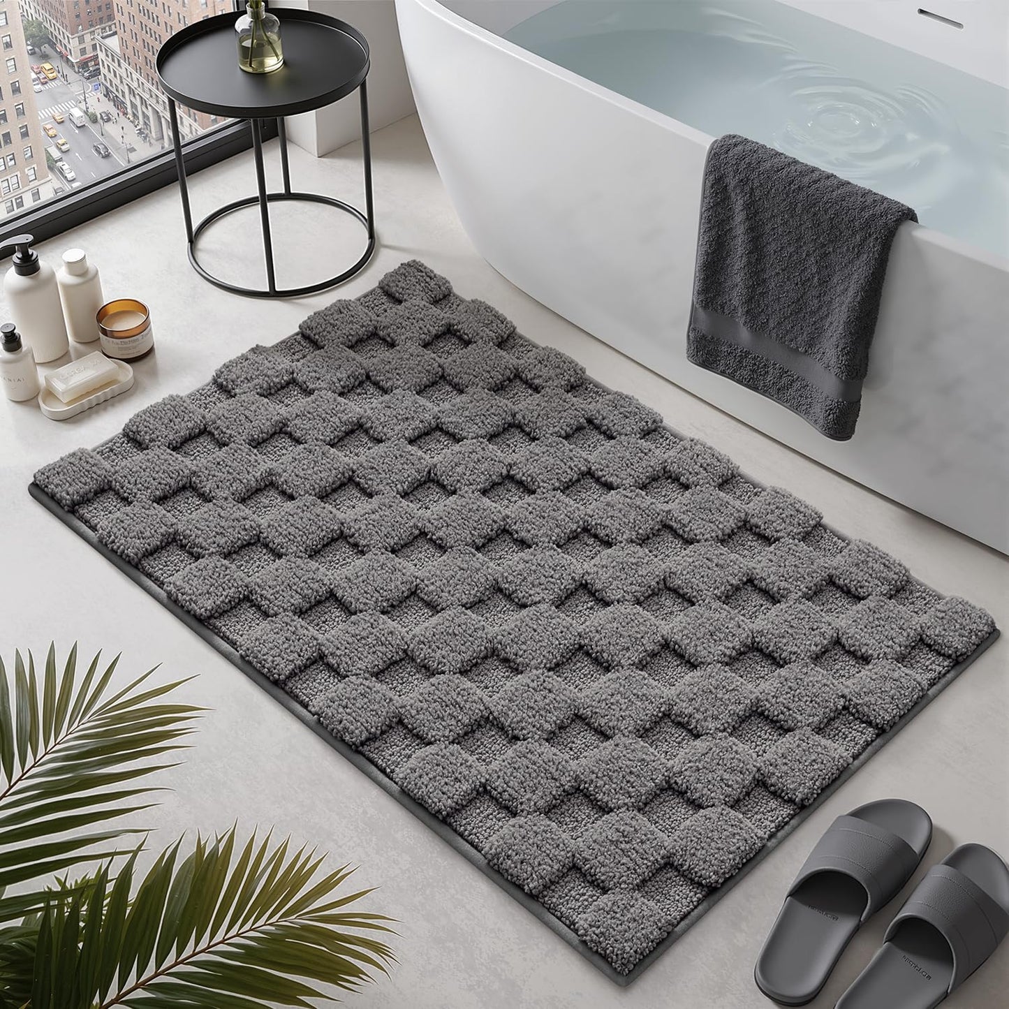LUMI Non Slip Checkered Bathroom Rugs, Absorbent Waffle Mat, Beige, 16x24