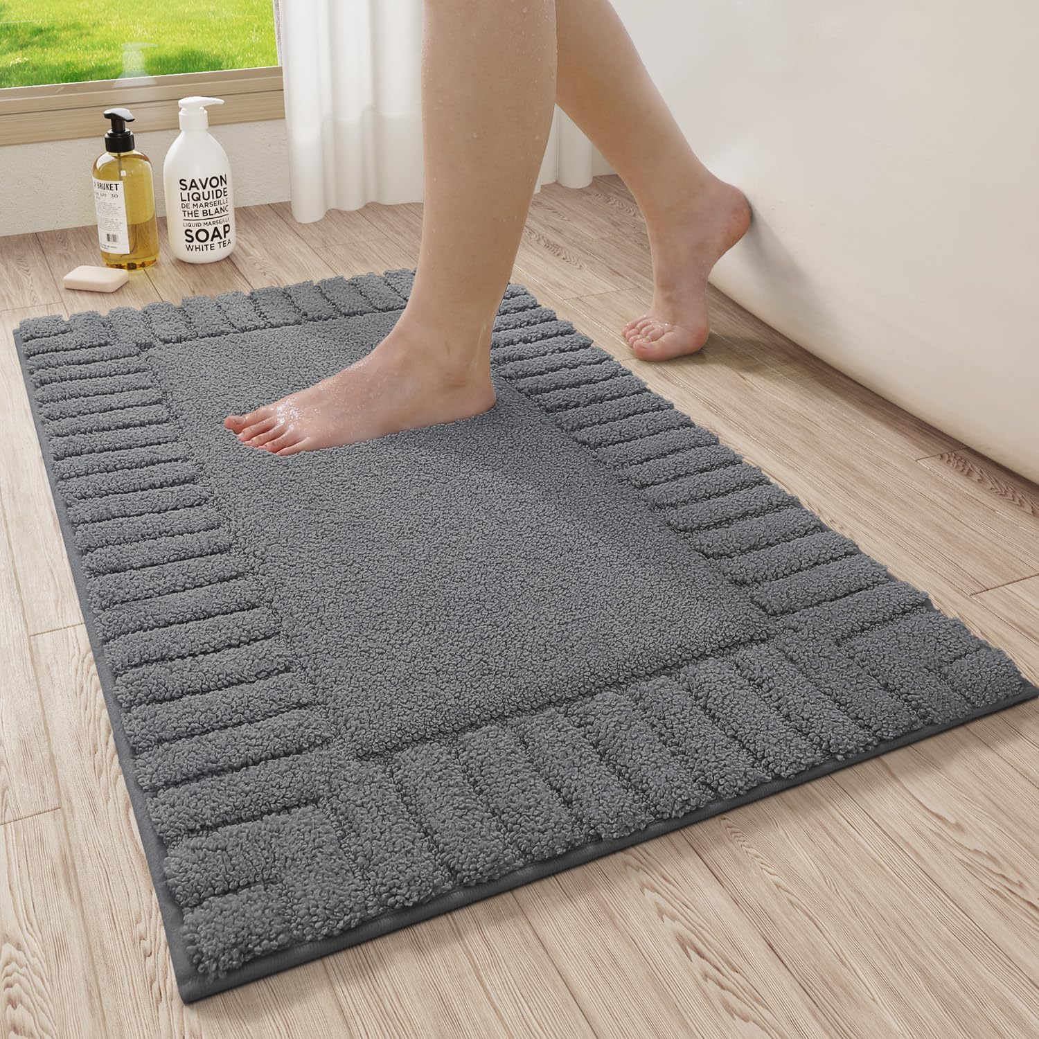 LUMI Bathroom Rug, Non Slip Rubber Backing, Extra Soft Plush Microfiber, Absorbent, Machine Washable Quick Dry, Dark Grey, for Tub/Shower/Hotel