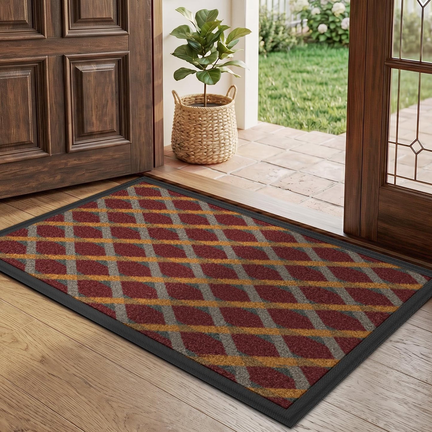 LUMI Front Door Mat 17x30, Low-Profile Non-Slip Welcome Mat for Indoor Outdoor, Stain & Fade Resistant Geometric Door Mat for Entryway Patio Porch, Geo-Navy