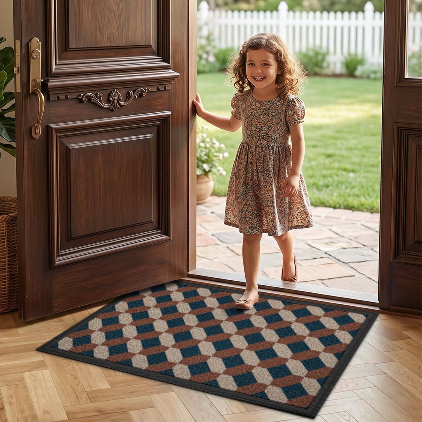 LUMI Front Door Mat 17x30, Low-Profile Non-Slip Welcome Mat for Indoor Outdoor, Stain & Fade Resistant Geometric Door Mat for Entryway Patio Porch, Geo-Navy