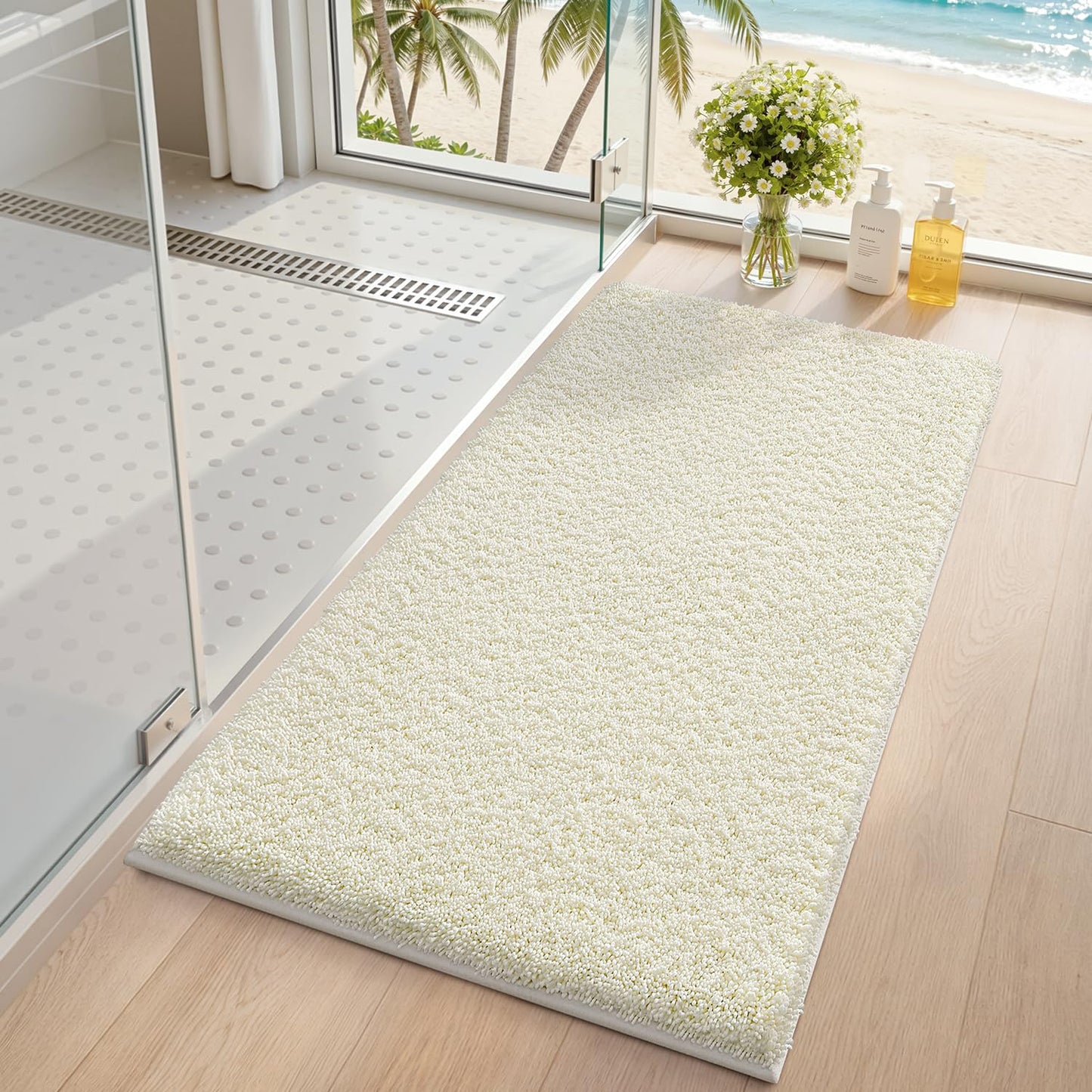 LUMI Beige Bathroom Rugs with Rubber Backing, 16x24 Absorbent Extra Thick Soft Plush Microfiber Bath Mat, Machine Washable Carpet for Bathroom Shower, Tub, Sink, Hotel