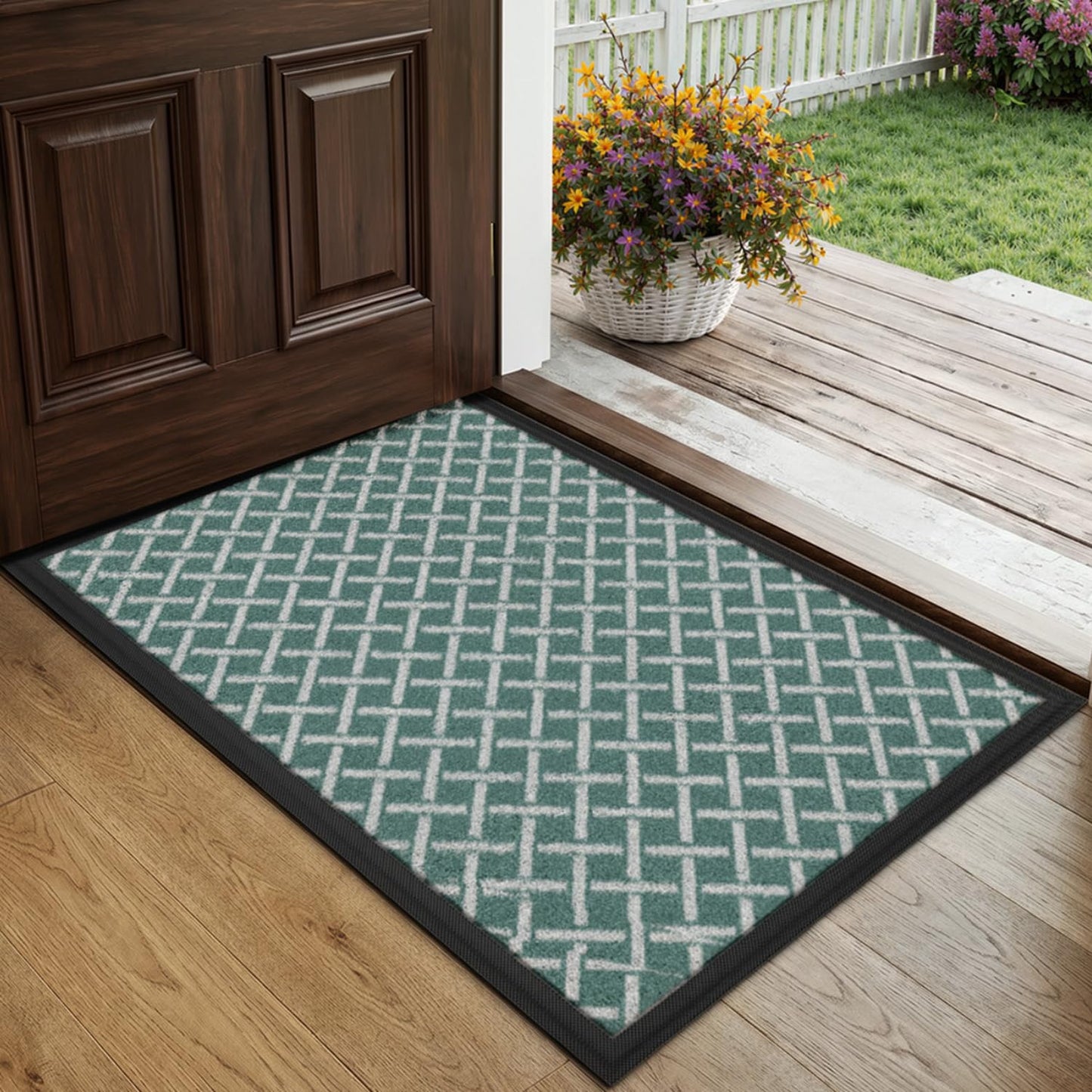 LUMI Front Door Mat 17x30, Low-Profile Non-Slip Welcome Mat for Indoor Outdoor, Stain & Fade Resistant Geometric Door Mat for Entryway Patio Porch, Geo-Navy