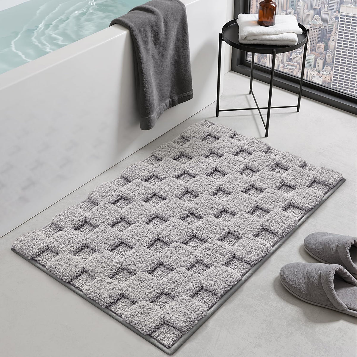 LUMI Non Slip Checkered Bathroom Rugs, Absorbent Waffle Mat, Beige, 16x24