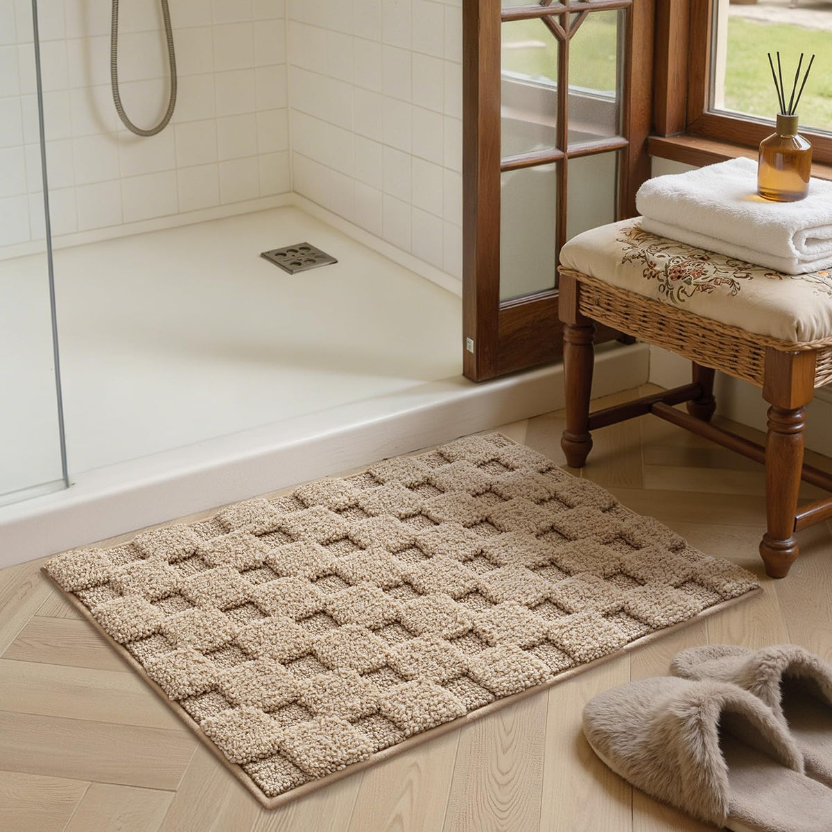 LUMI Non Slip Checkered Bathroom Rugs, Absorbent Waffle Mat, Beige, 16x24