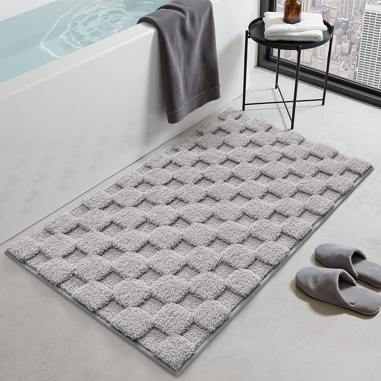 LUMI Non Slip Checkered Bathroom Rugs, Absorbent Waffle Mat, Beige, 16x24