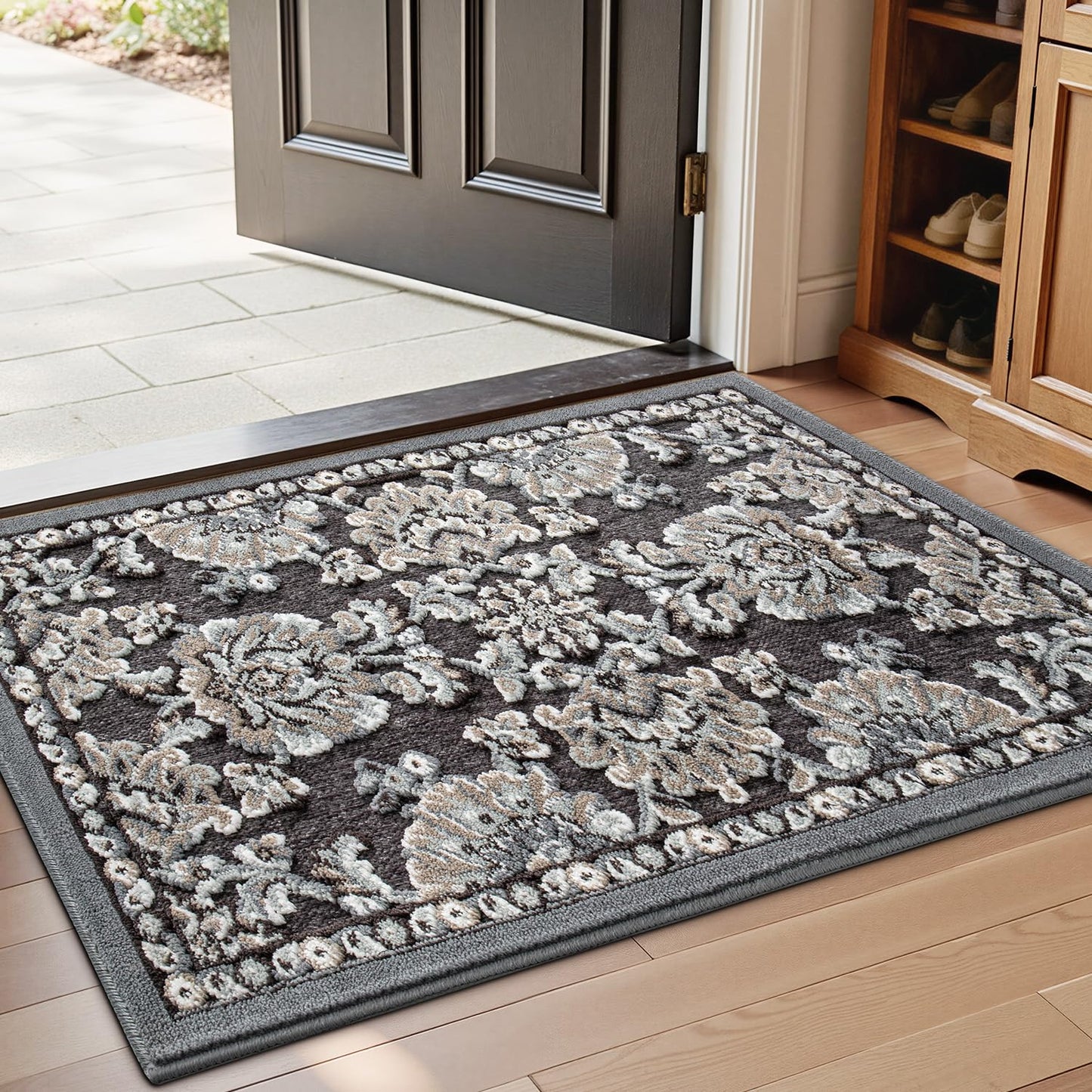LUMI Indoor Door Mat for Entrance 17x30, Luxury Front Doormat with Non-Slip Latex Rubber Backing, Soft Washable Dirt Trapper, Flower Bliss (Folded Package)