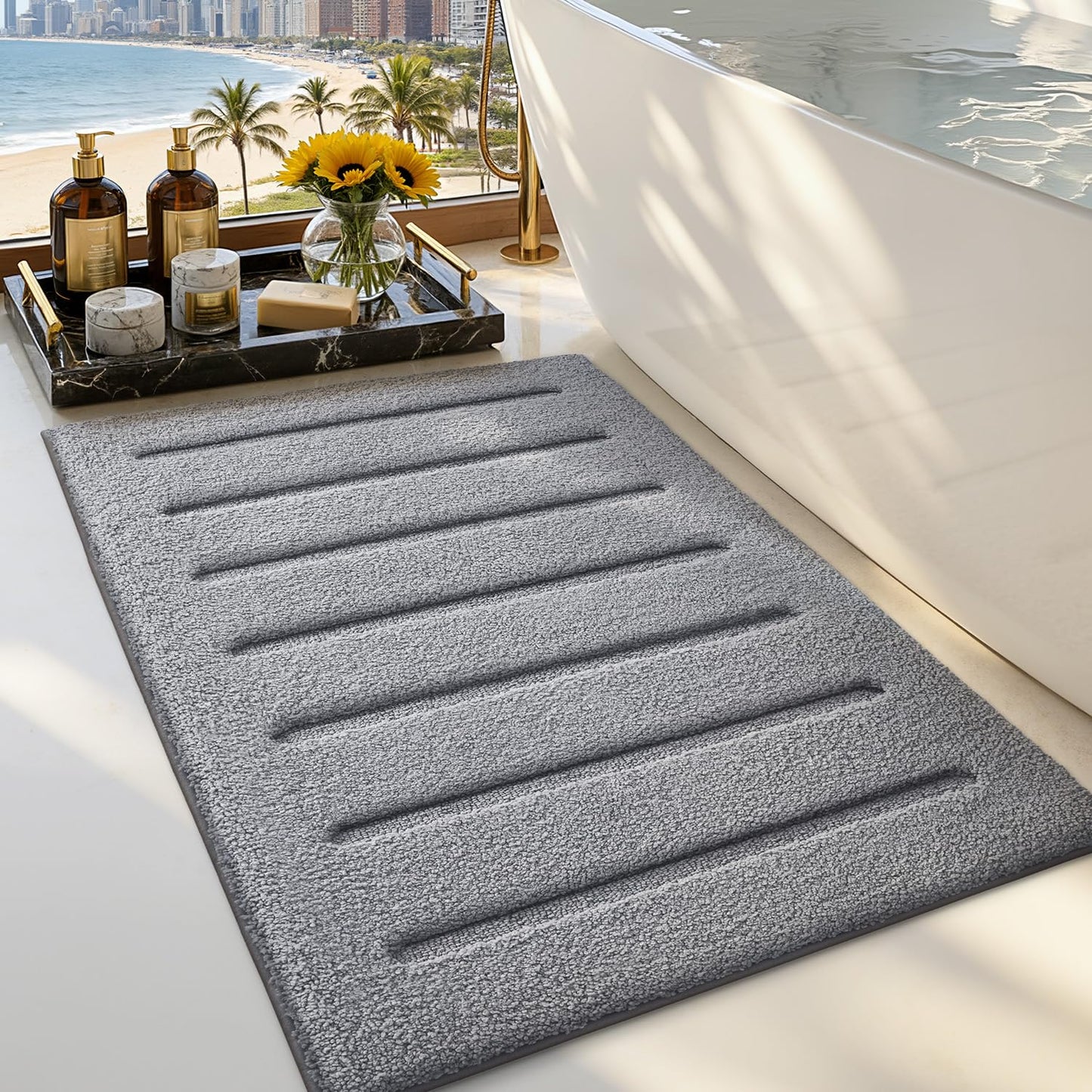 LUMI Non-Slip Skin-Friendly Bathroom Rugs, Hotel Quality Bath Mats for Bathroom, Washable Fluffy Shower Mat, Minimalist Luxury Striped Style,Ideal for Floor, Shower Tub, Entryway, 17"x30", Beige