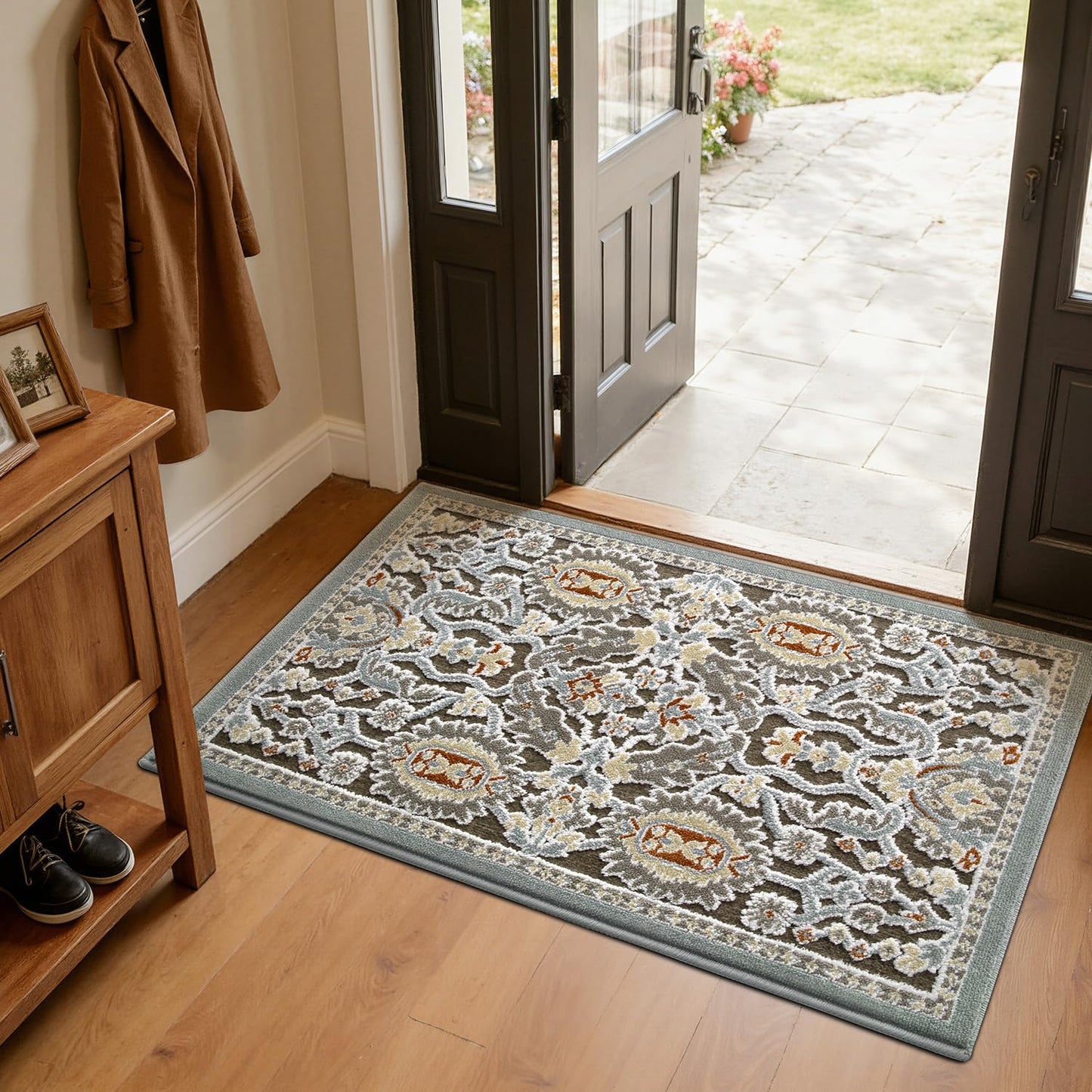 LUMI Indoor Door Mat for Entrance 17x30, Luxury Front Doormat with Non-Slip Latex Rubber Backing, Soft Washable Dirt Trapper, Flower Bliss (Folded Package)