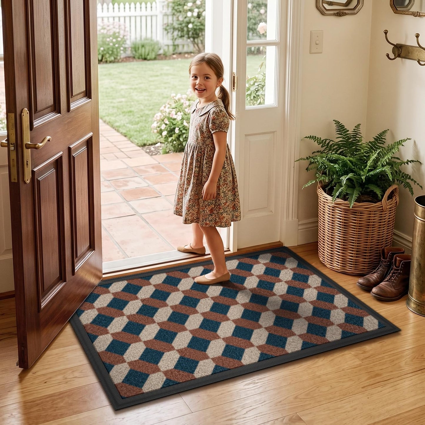 LUMI Front Door Mat 17x30, Low-Profile Non-Slip Welcome Mat for Indoor Outdoor, Stain & Fade Resistant Geometric Door Mat for Entryway Patio Porch, Geo-Navy