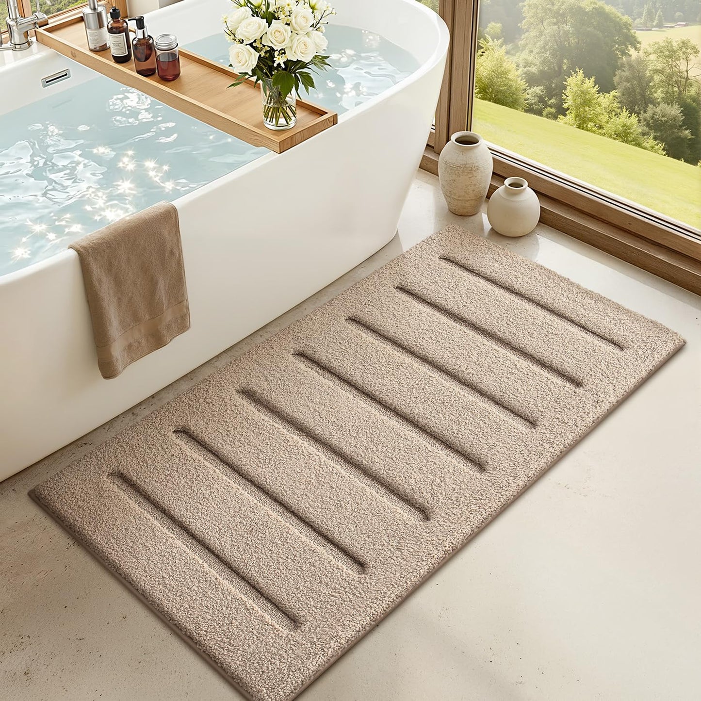 LUMI Non-Slip Skin-Friendly Bathroom Rugs, Hotel Quality Bath Mats for Bathroom, Washable Fluffy Shower Mat, Minimalist Luxury Striped Style,Ideal for Floor, Shower Tub, Entryway, 17"x30", Beige
