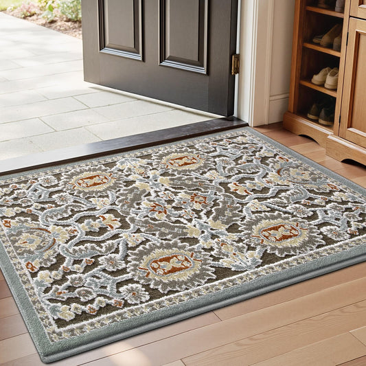 LUMI Indoor Door Mat Vintage Non-Slip Washable Thin Entry Mat,Floral