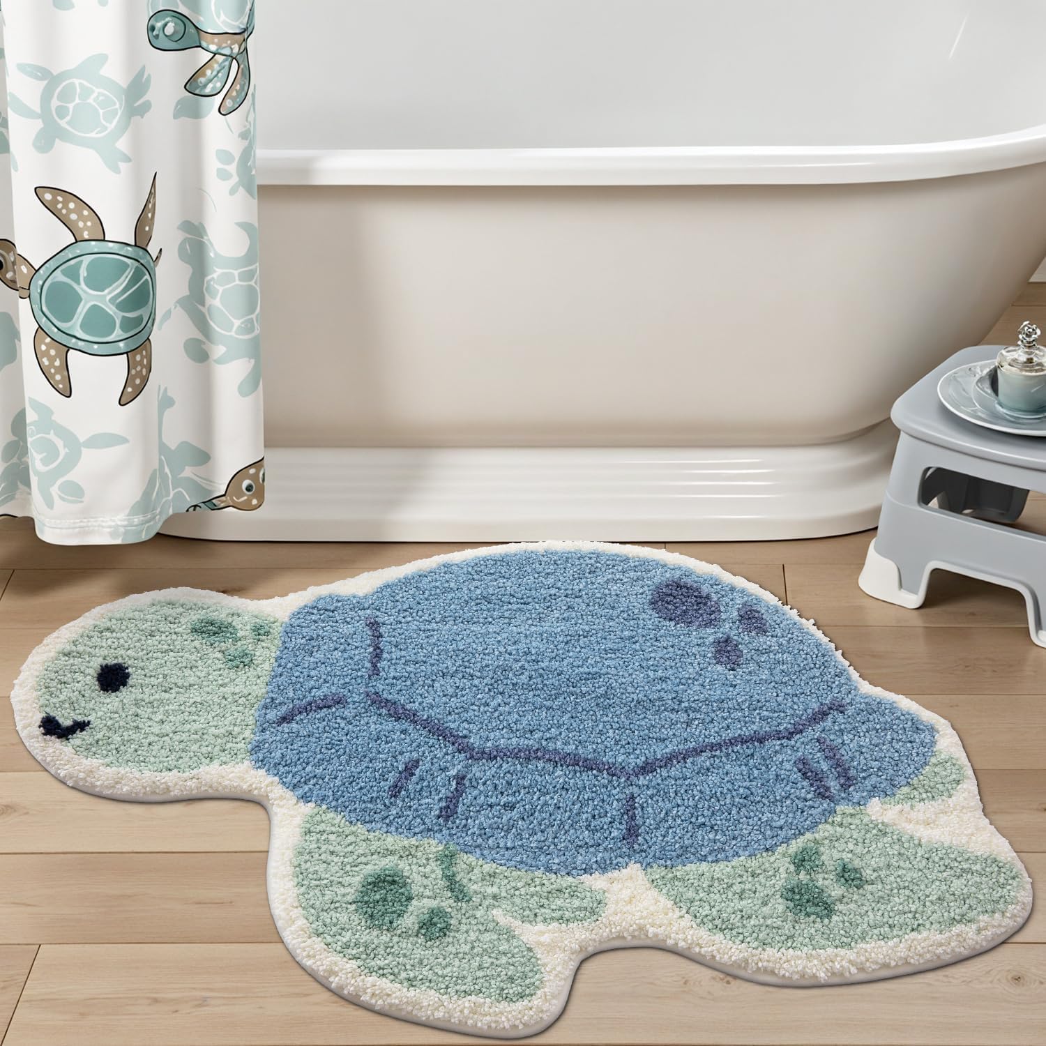 LUMI Cute Animal Bathroom Rugs, Plush Absorbent Bath Mats for Bathroom, Non-Slip Backing Washable Bath Mat, Ideal for Shower Sink Bathtub Room Decor, 20"x33", Blue Sea Turtle