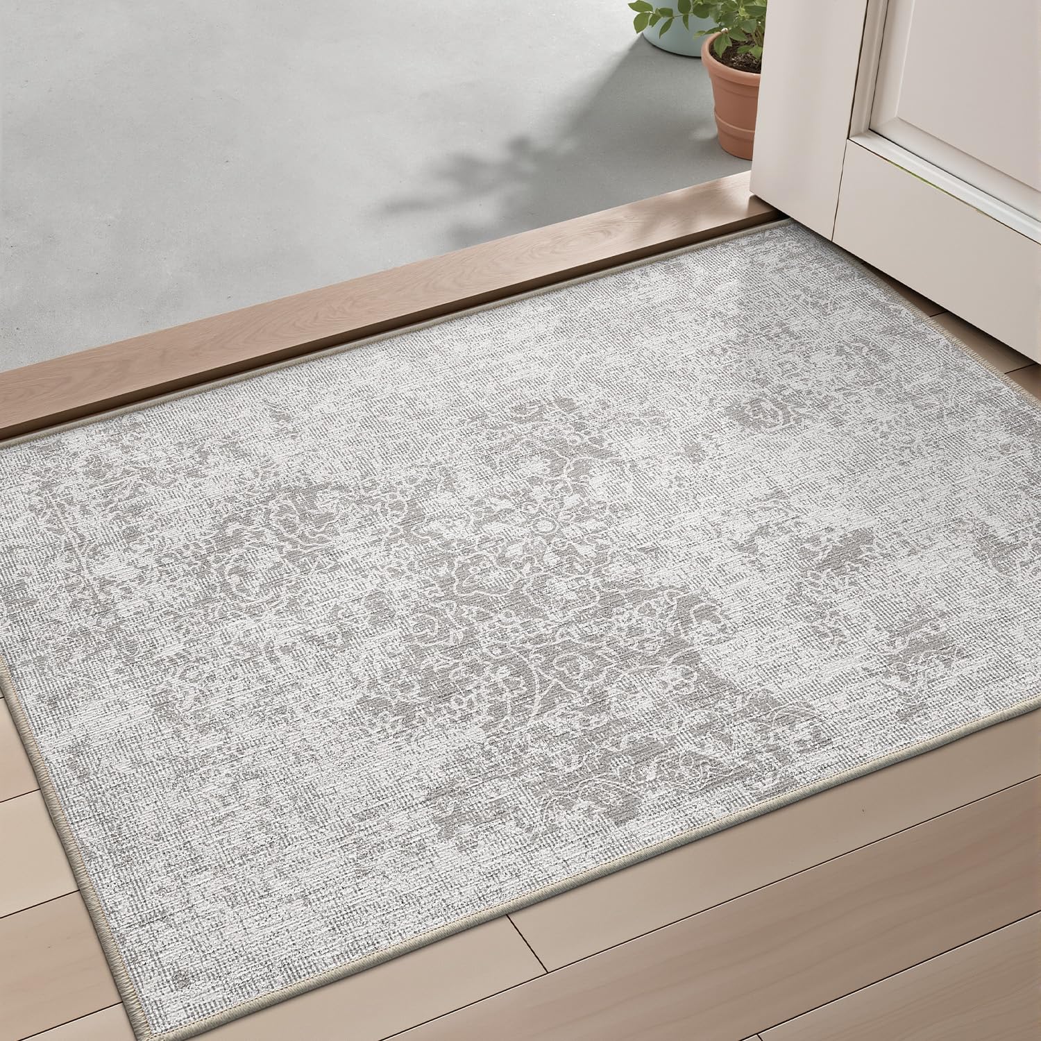Ultra Thin Indoor Mats Oriental Time Weave Series - 18’’x30’’ / White Gray