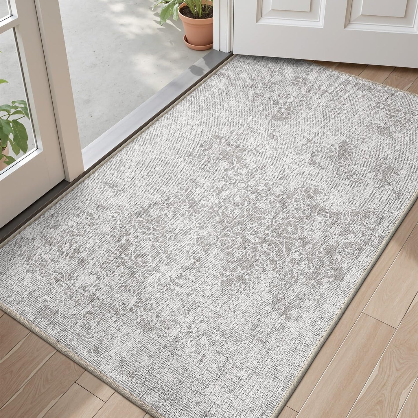 Ultra Thin Indoor Mats Oriental Time Weave Series - 32’’x47’’ / White Gray